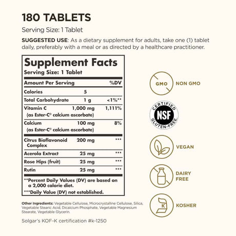 Etiqueta de ingredientes de Solgar Ester-C Plus vitamina C 1000 mg, presentación de 180 tabletas.