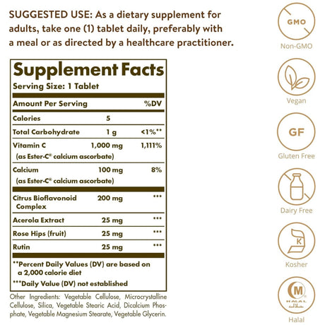 Etiqueta de ingredientes de Solgar Ester-C Plus vitamina C 1000 mg, presentación de 60 tabletas.