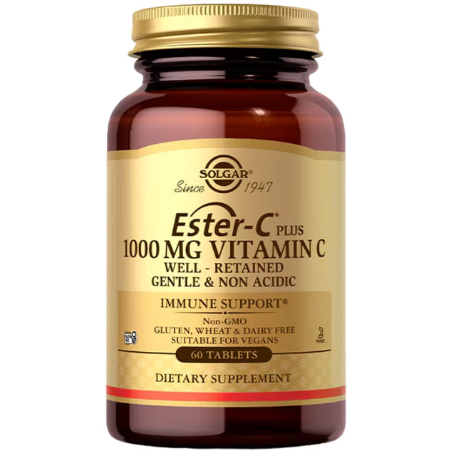 Frasco frontal de Solgar Ester-C Plus vitamina C 1000 mg, presentación de 60 tabletas.