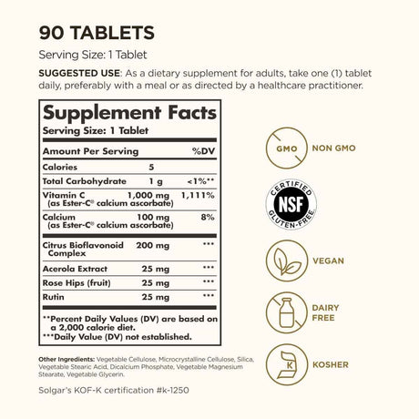 Etiqueta de ingredientes de Solgar Ester-C Plus vitamina C 1000 mg, presentación de 90 tabletas.