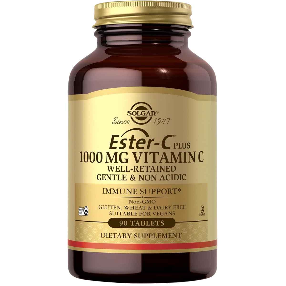 Frasco frontal de Solgar Ester-C Plus vitamina C 1000 mg, presentación de 90 tabletas.