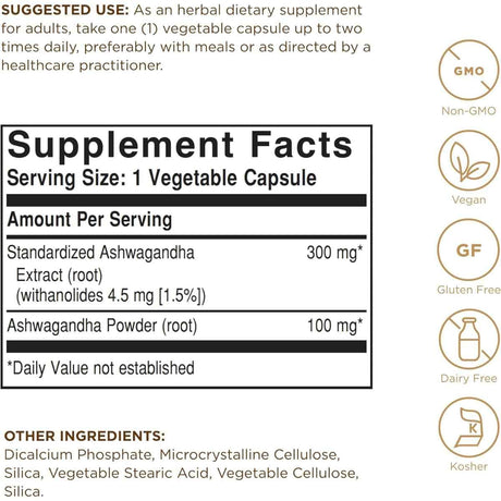 Tabla nutricional del suplemento Solgar Extracto de Raíz de Ashwagandha 60 Cápsulas Vegetales
