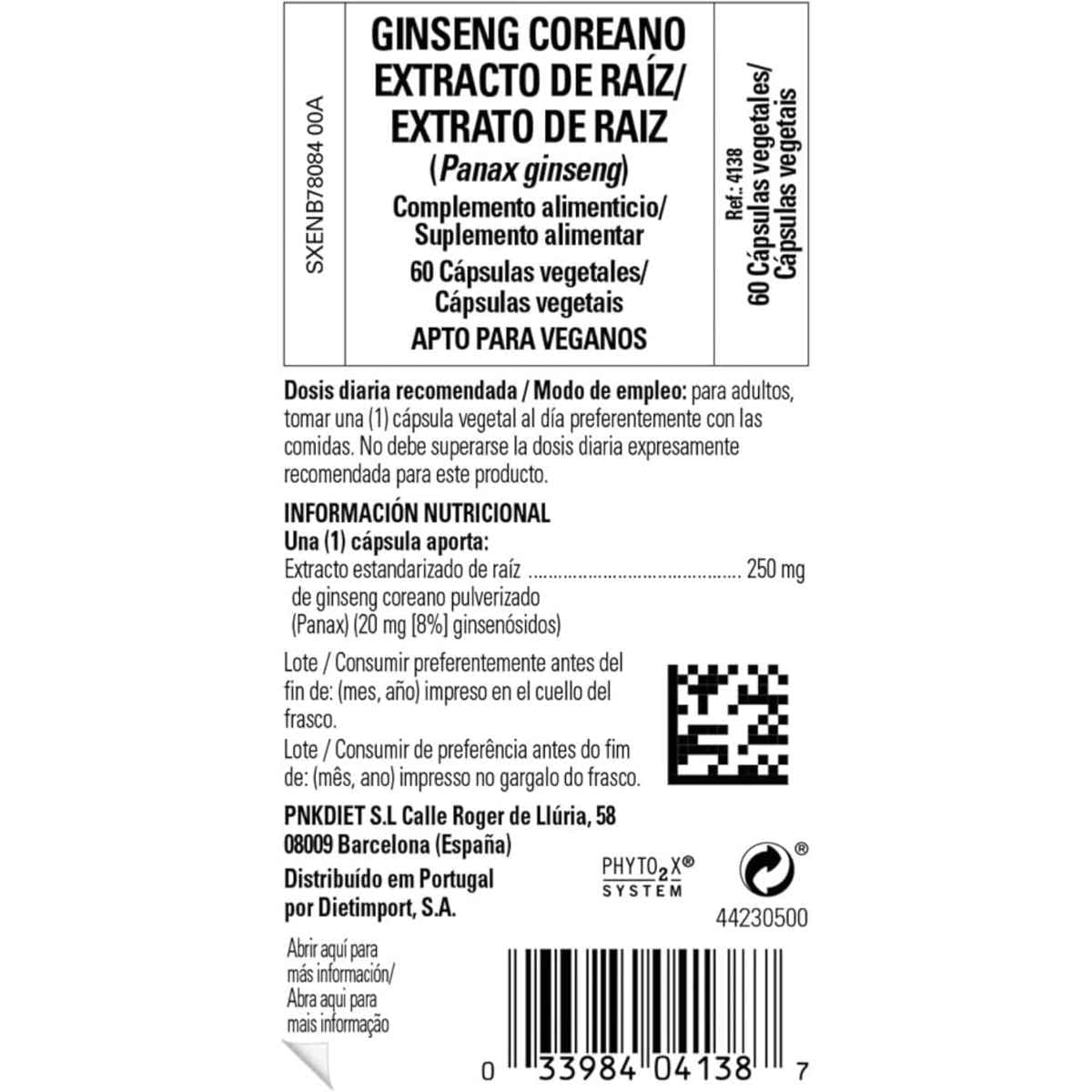 Tabla nutricional del suplemento Solgar Extracto de Raíz de Ginseng Coreano 250 mg 60 Cápsulas Vegetales