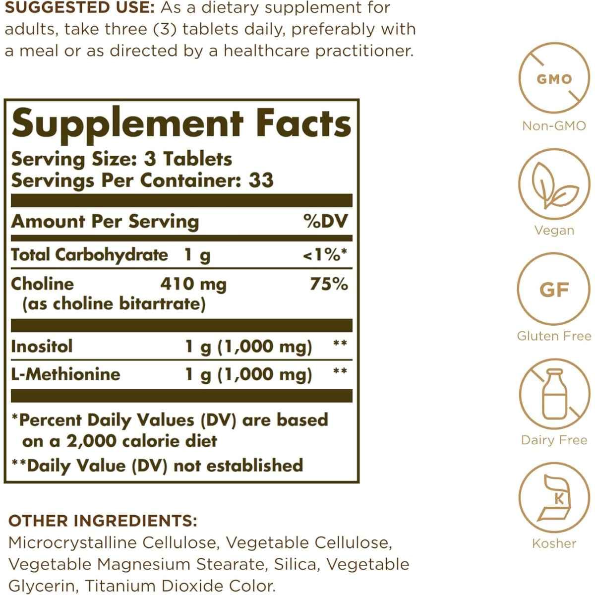 Tabla nutricional del suplemento Solgar Factores Lipotrópicos 100 tabletas