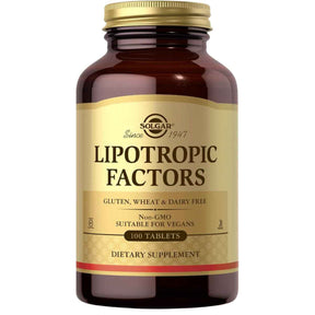 Frasco de suplemento Solgar Factores Lipotrópicos 100 tabletas