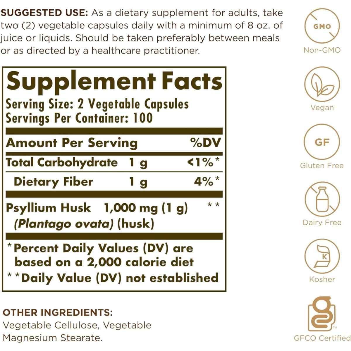 Tabla nutricional del suplemento Solgar Fibra de Cáscaras de Psyllium 500 mg 200 cápsulas
