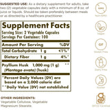 Tabla nutricional del suplemento Solgar Fibra de Cáscaras de Psyllium 500 mg 200 cápsulas