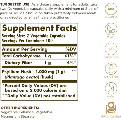Tabla nutricional del suplemento Solgar Fibra de Cáscaras de Psyllium 500 mg 200 cápsulas