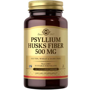 Frasco de suplemento Solgar Fibra de Cáscaras de Psyllium 500 mg 200 cápsulas