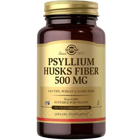 Frasco de suplemento Solgar Fibra de Cáscaras de Psyllium 500 mg 200 cápsulas