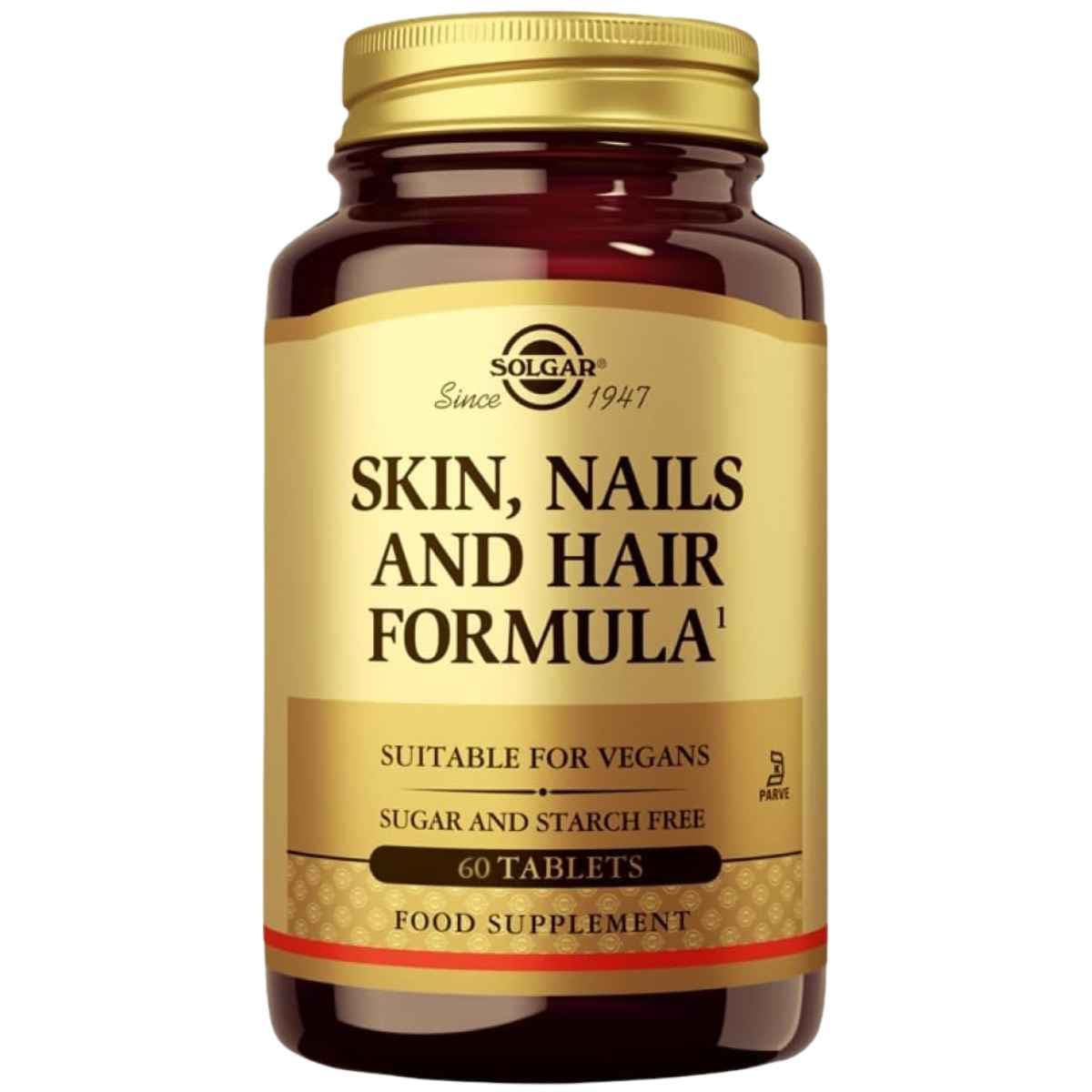 Frasco de suplemento Solgar Fórmula para Piel, Uñas y Cabello 60 tabletas