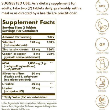Tabla nutricional del suplemento Solgar Fórmula para Piel, Uñas y Cabello