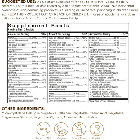 Tabla nutricional del suplemento Solgar Formula VM-2000 180 tabletas