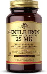 Frasco de Solgar Gentle Iron con bisglicinato de hierro de 25 mg, presentación de 180 cápsulas vegetales.