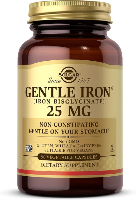 Frasco de Solgar Gentle Iron con bisglicinato de hierro de 25 mg, presentación de 90 cápsulas vegetales.
