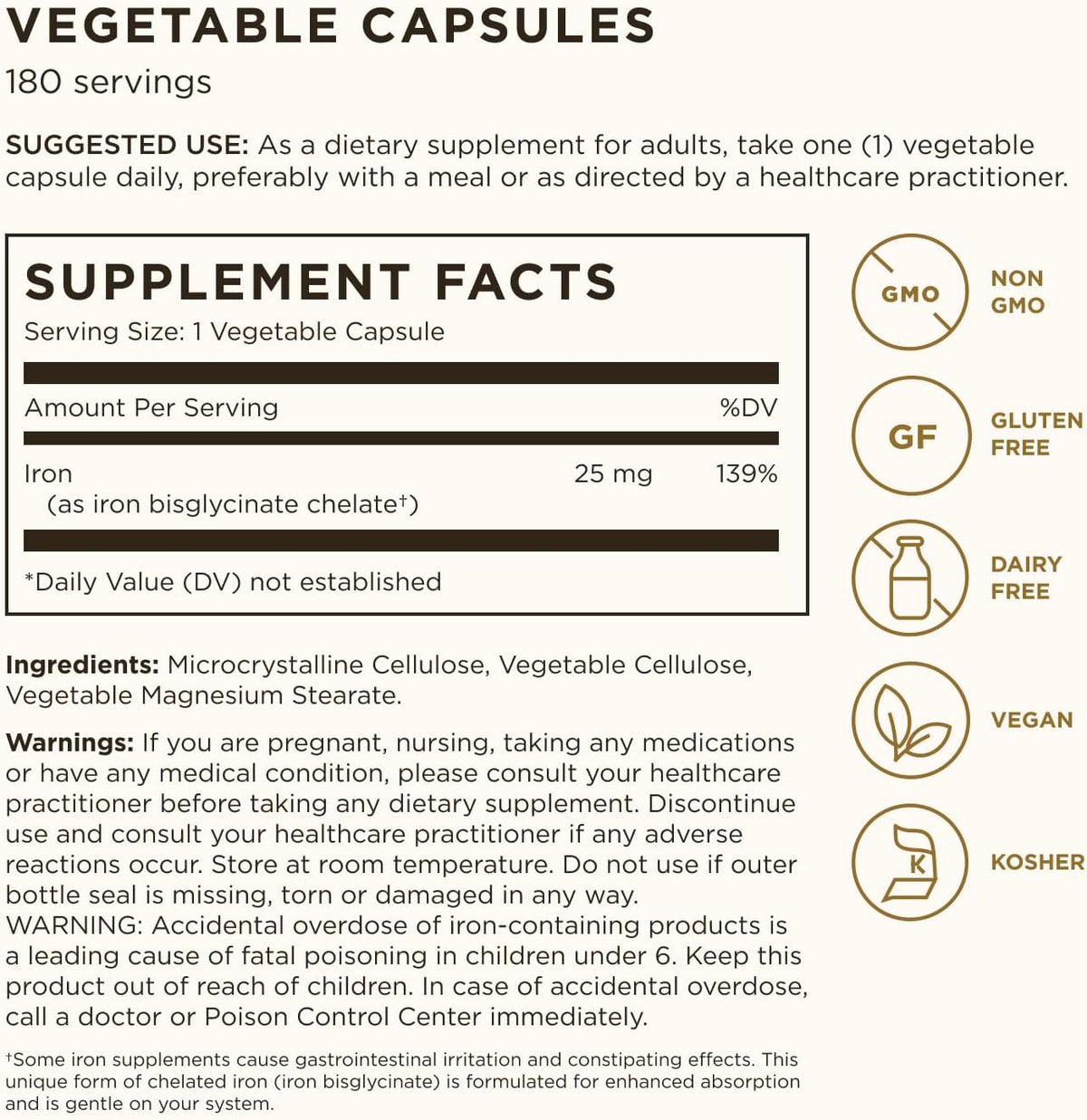 Información del suplemento Solgar Gentle Iron de 25 mg para la presentación de 180 cápsulas vegetales.