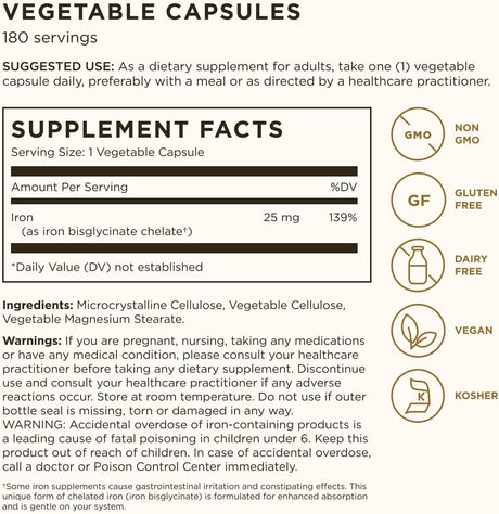 Información del suplemento Solgar Gentle Iron de 25 mg para la presentación de 180 cápsulas vegetales.