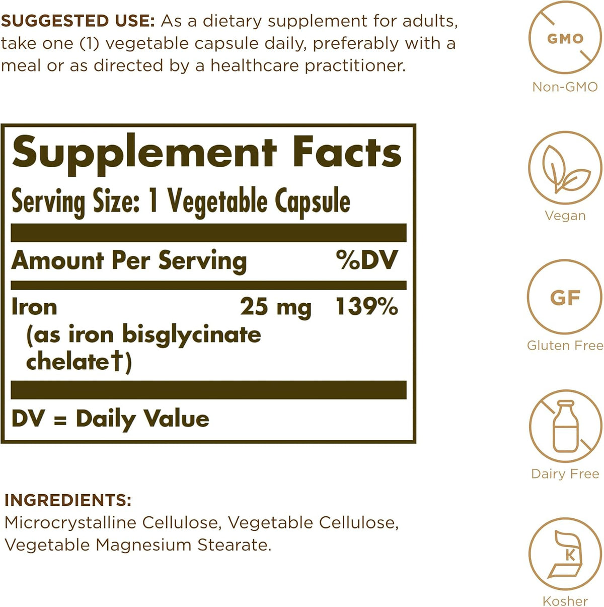 Información del suplemento Solgar Gentle Iron de 25 mg para la presentación de 90 cápsulas vegetales.
