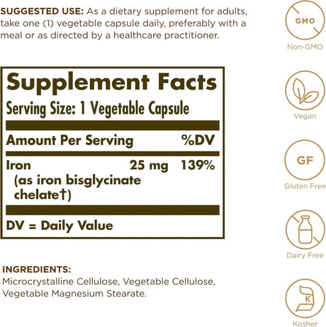 Información del suplemento Solgar Gentle Iron de 25 mg para la presentación de 90 cápsulas vegetales.