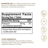 Tabla nutricional del suplemento Solgar Gluconato de Potasio 100 tabletas