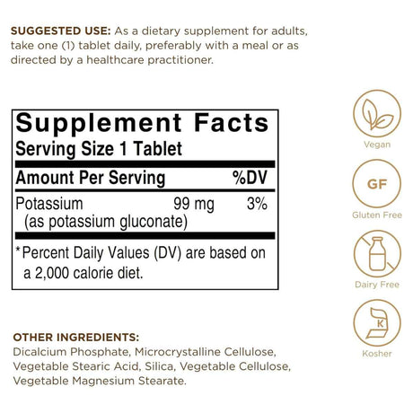 Tabla nutricional del suplemento Solgar Gluconato de Potasio 100 tabletas