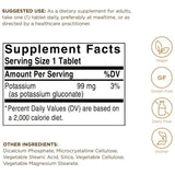 Tabla nutricional del suplemento Solgar Gluconato de Potasio 250 tabletas