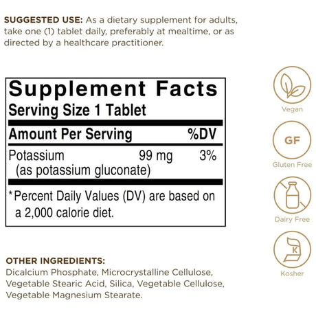 Tabla nutricional del suplemento Solgar Gluconato de Potasio 250 tabletas