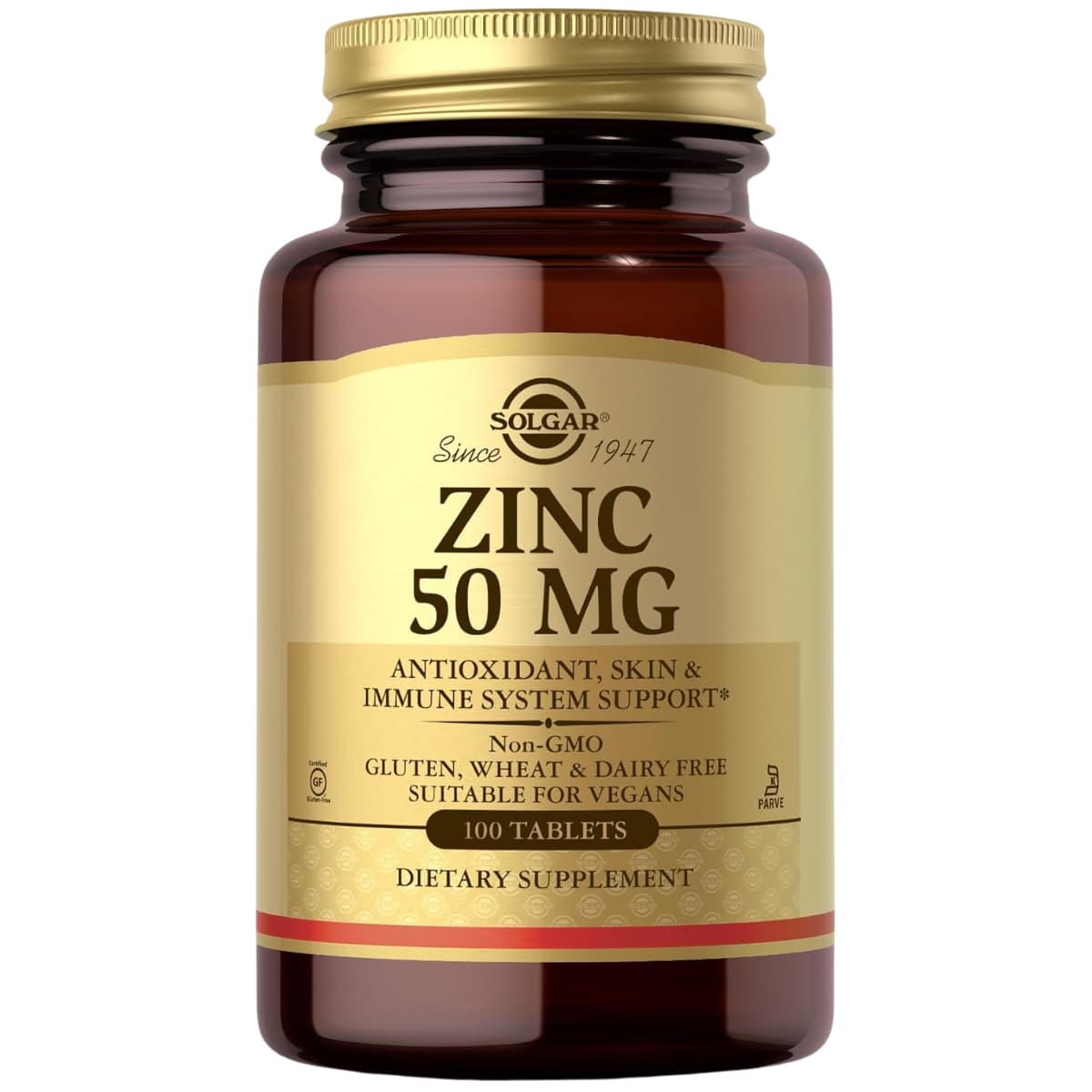 Frasco de suplemento Solgar Gluconato de Zinc 100 tabletas