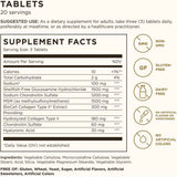 Tabla nutricional del suplemento Solgar Glucosamina, Ácido Hialurónico, Condroitina y MSM 60 tabletas