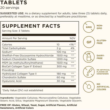 Tabla nutricional del suplemento Solgar Glucosamina, Ácido Hialurónico, Condroitina y MSM 60 tabletas