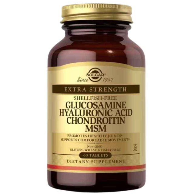 Frasco de suplemento Solgar Glucosamina, Ácido Hialurónico, Condroitina y MSM 60 tabletas