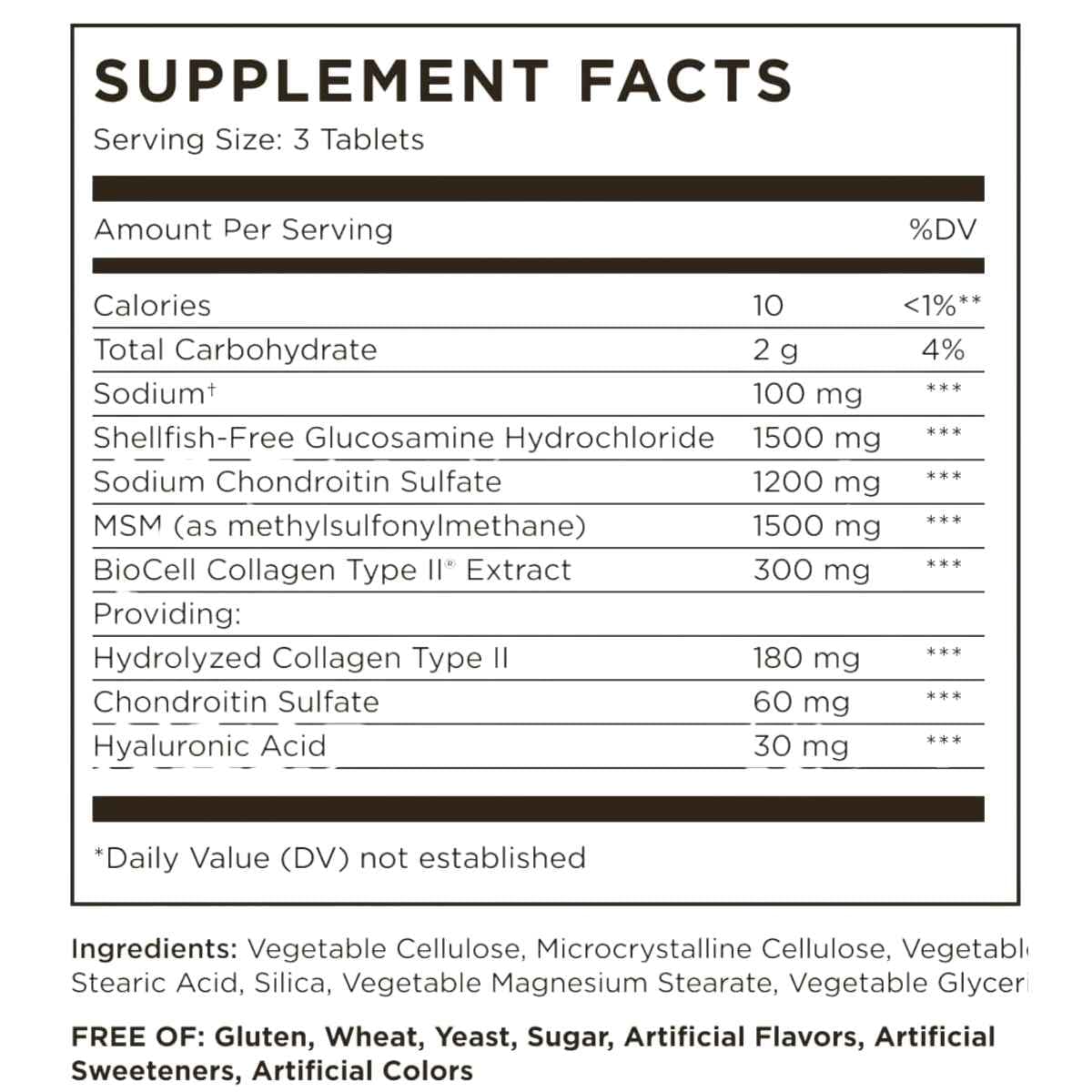 Tabla de suplemento Solgar Glucosamina, Ácido Hialurónico, Condroitina y MSM 60 tabletas