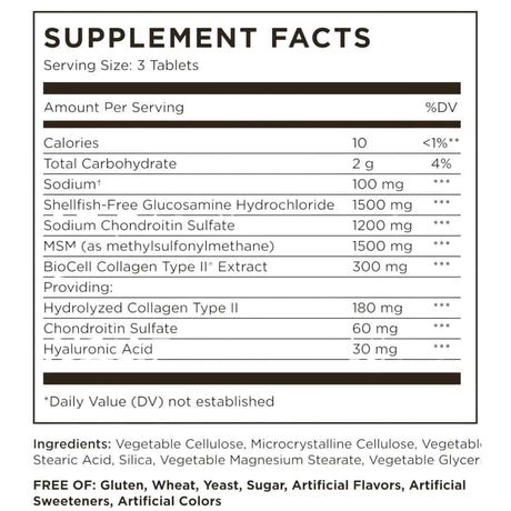 Tabla de suplemento Solgar Glucosamina, Ácido Hialurónico, Condroitina y MSM 60 tabletas