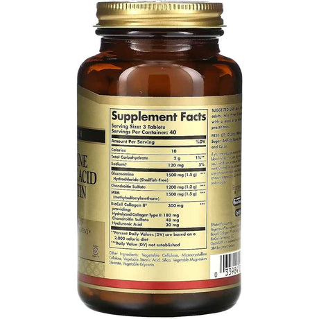 Tabla nutricional del suplemento Solgar Glucosamina Condroitina MSM y Ácido Hialurónico 120 tabletas