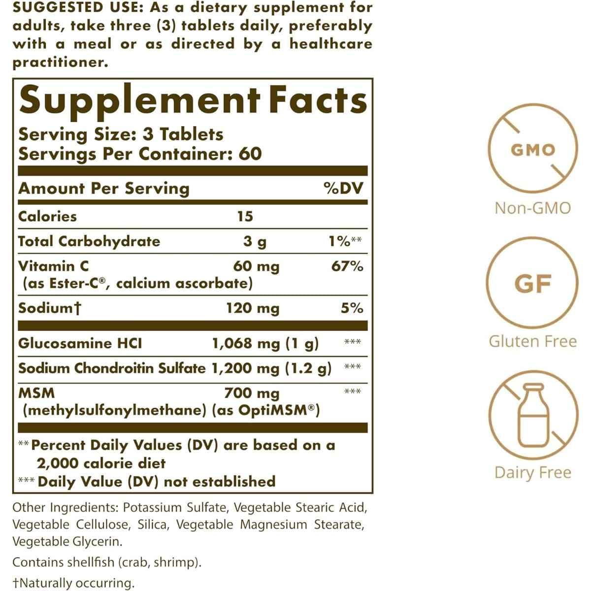 Tabla nutricional del suplemento Solgar Glucosamina Condroitina MSM con Ester-C 180 Tabletas