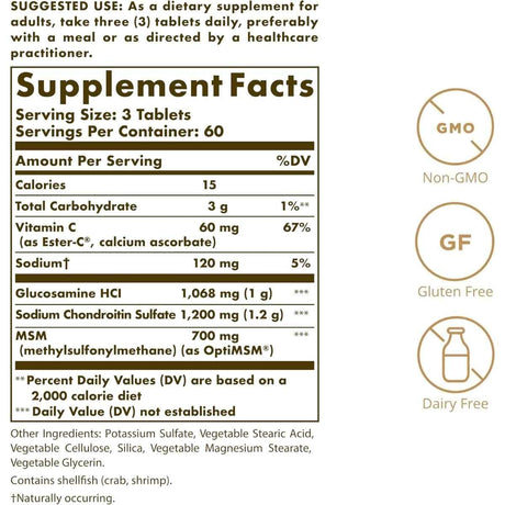 Tabla nutricional del suplemento Solgar Glucosamina Condroitina MSM con Ester-C 180 Tabletas