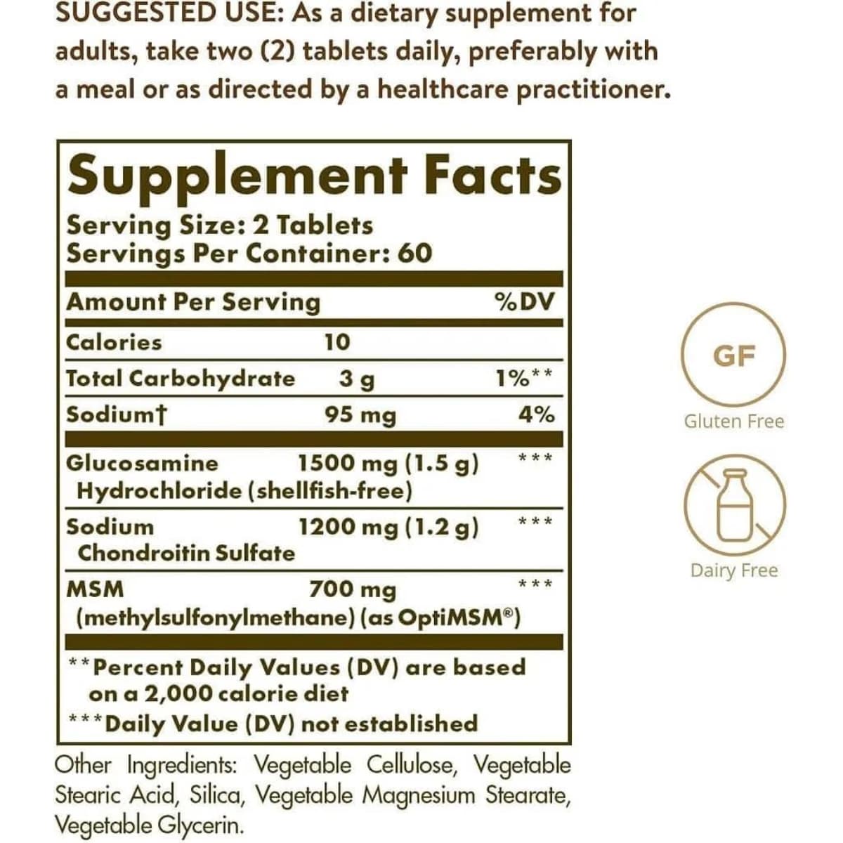 Tabla nutricional del suplemento Solgar Glucosamina Condroitina MSM Triple Fuerza 120 tabletas