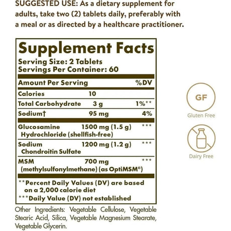 Tabla nutricional del suplemento Solgar Glucosamina Condroitina MSM Triple Fuerza 120 tabletas
