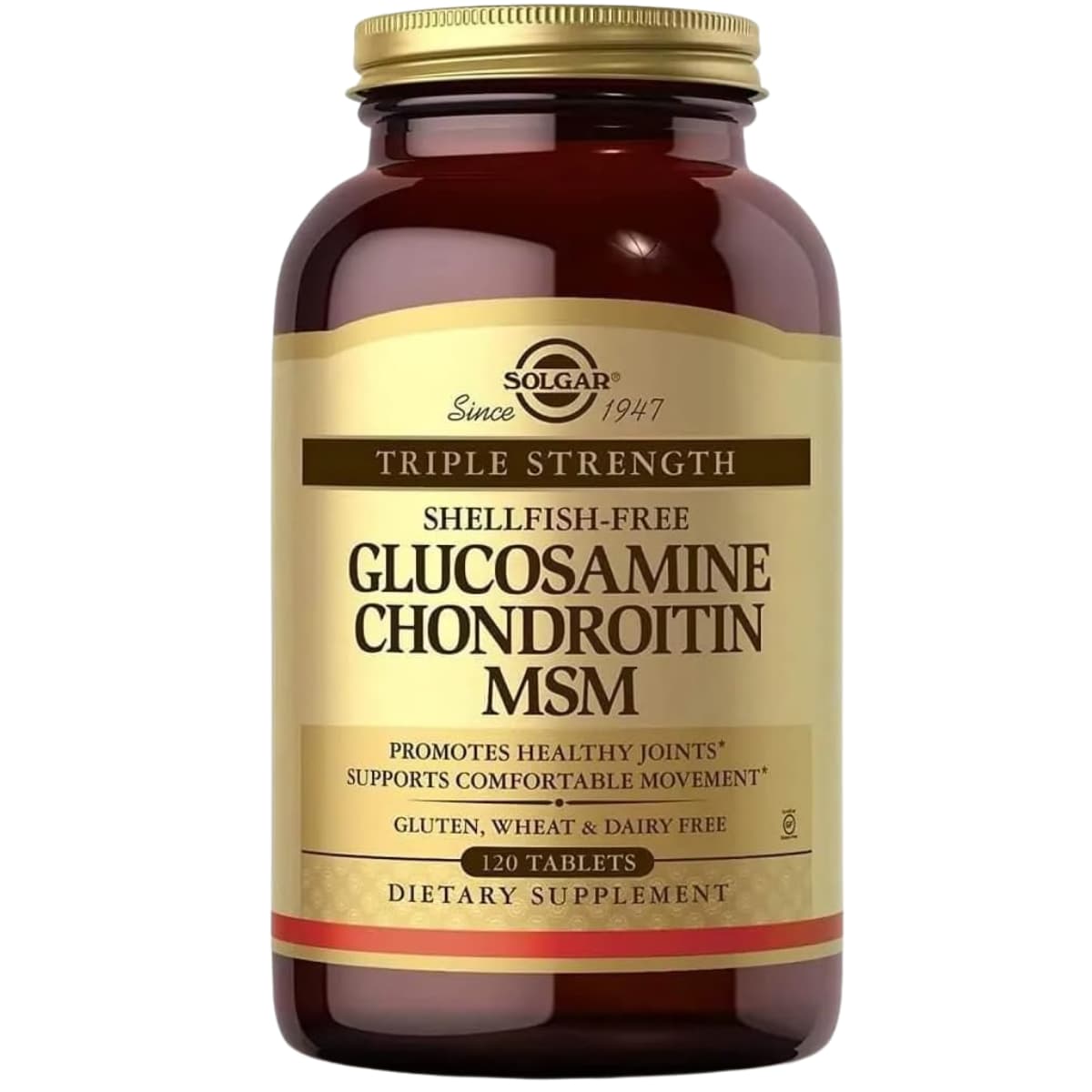 Frasco de suplemento Solgar Glucosamina Condroitina MSM Triple Fuerza 120 tabletas