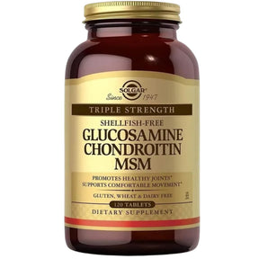 Frasco de suplemento Solgar Glucosamina Condroitina MSM Triple Fuerza 120 tabletas