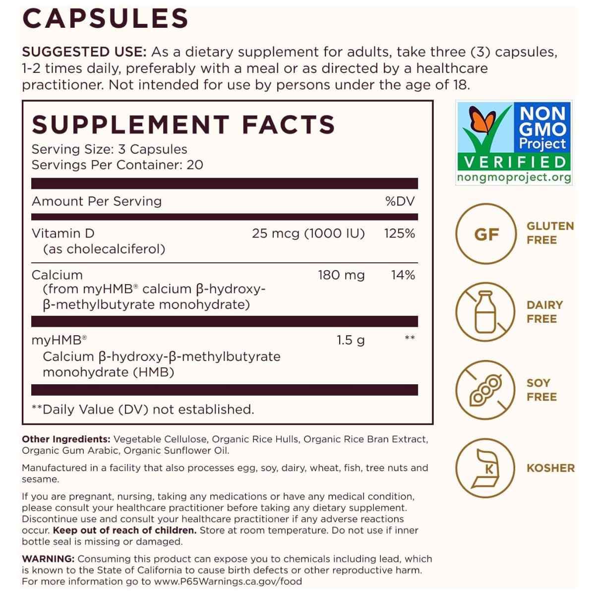 Tabla nutricional del suplemento Solgar HMB y Vitamina D3 1.5 g 60 cápsulas