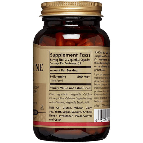 Tabla nutricional del suplemento Solgar L-Glutamina 500 mg 100 cápsulas