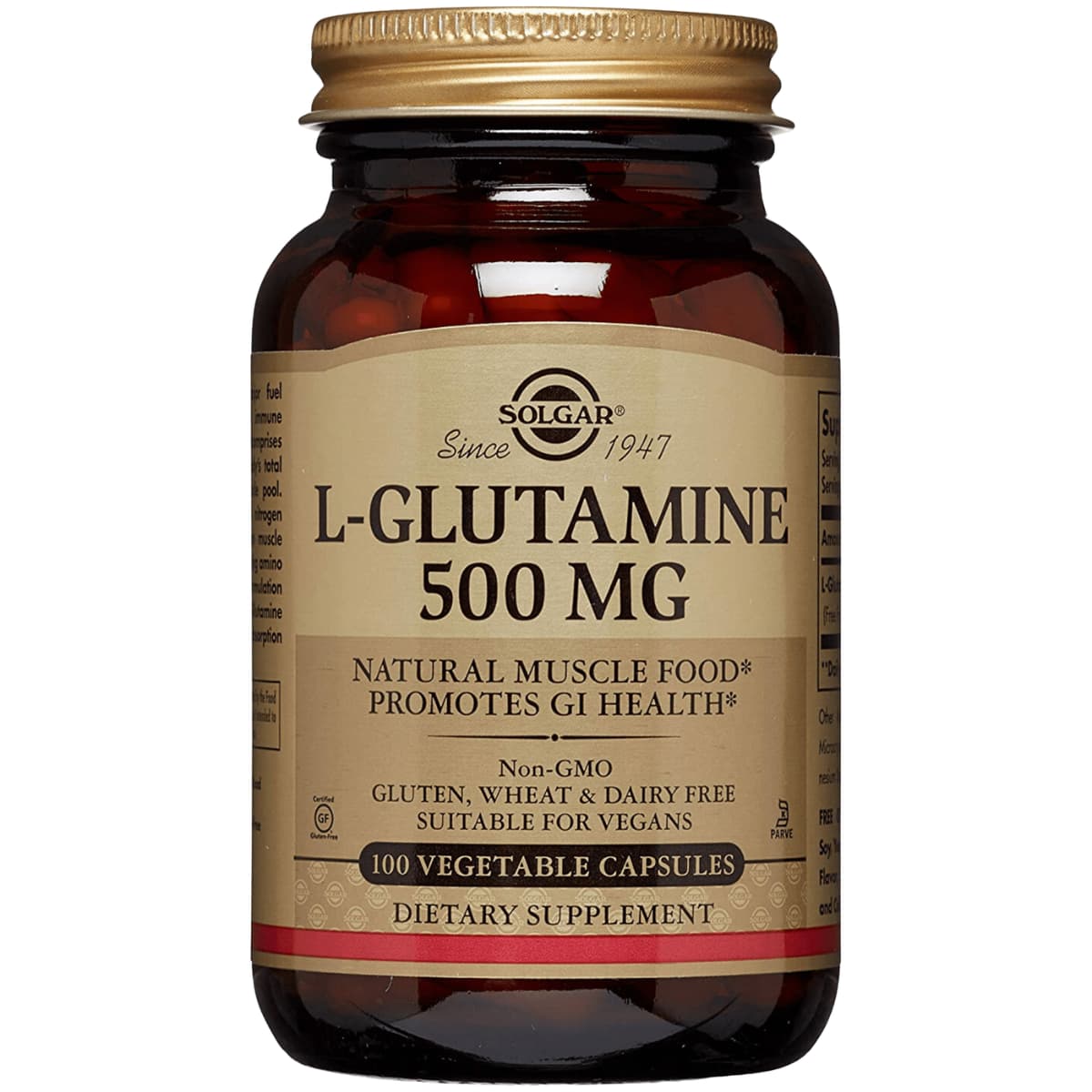 Frasco de suplemento Solgar L-Glutamina 500 mg 100 cápsulas