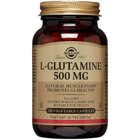 Frasco de suplemento Solgar L-Glutamina 500 mg 100 cápsulas