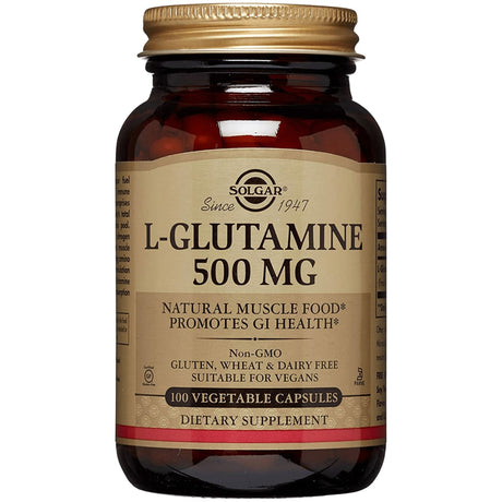 Frasco de suplemento Solgar L-Glutamina 500 mg 100 cápsulas