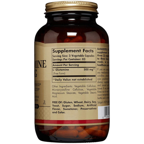Tabla nutricional del suplemento Solgar L-Glutamina 500 mg 250 cápsulas