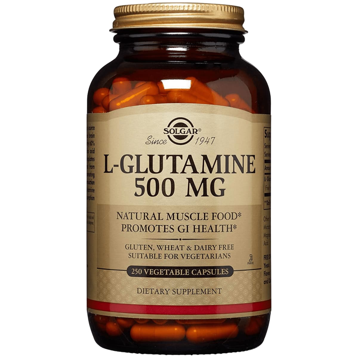 Frasco de suplemento Solgar L-Glutamina 500 mg 250 cápsulas