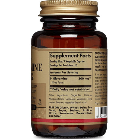 Tabla nutricional del suplemento Solgar L-Glutamina 500 mg 50 cápsulas