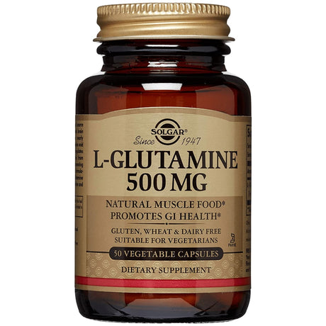 Frasco de suplemento Solgar L-Glutamina 500 mg 50 cápsulas