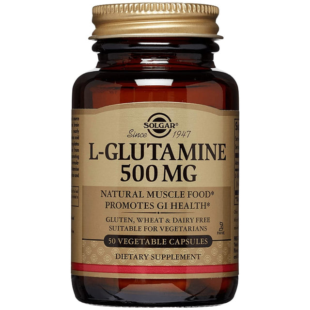 Frasco de suplemento Solgar L-Glutamina 500 mg 50 cápsulas